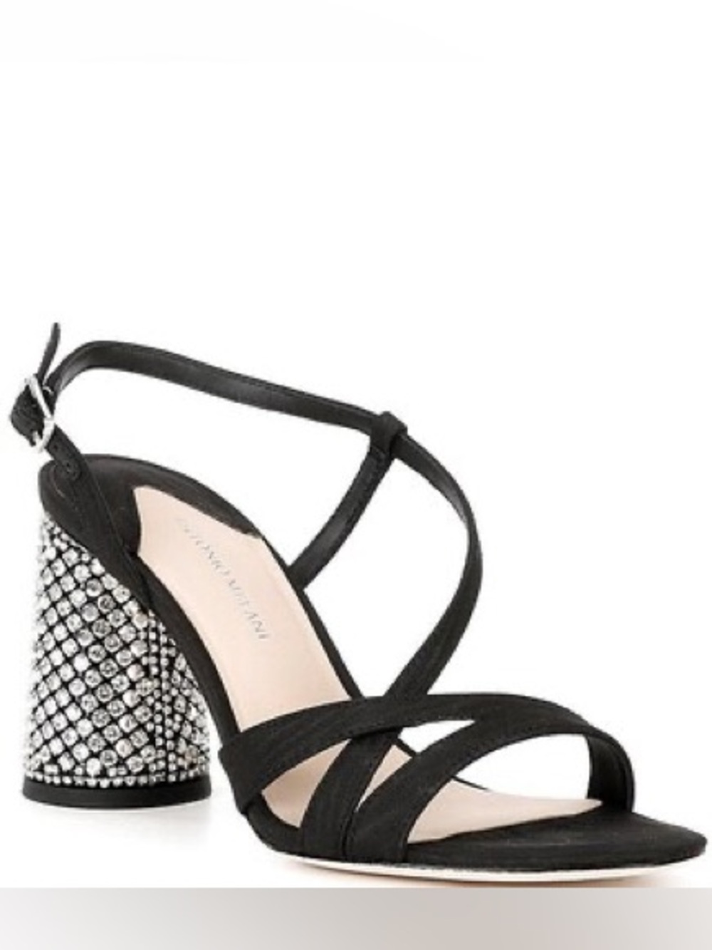 ANTONIO MELANI Black Strappy Sandals with Crystal Embellished Block Heel